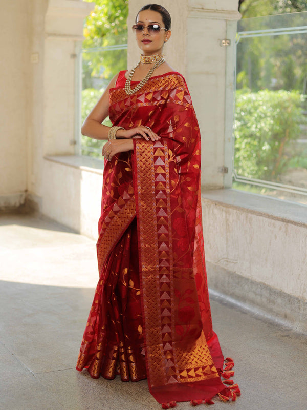 Banarasee Handwoven Zari Border Tissue Saree With Jaal Design-Red