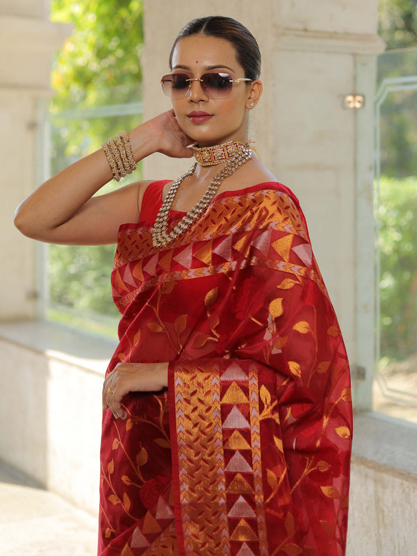Banarasee Handwoven Zari Border Tissue Saree With Jaal Design-Red