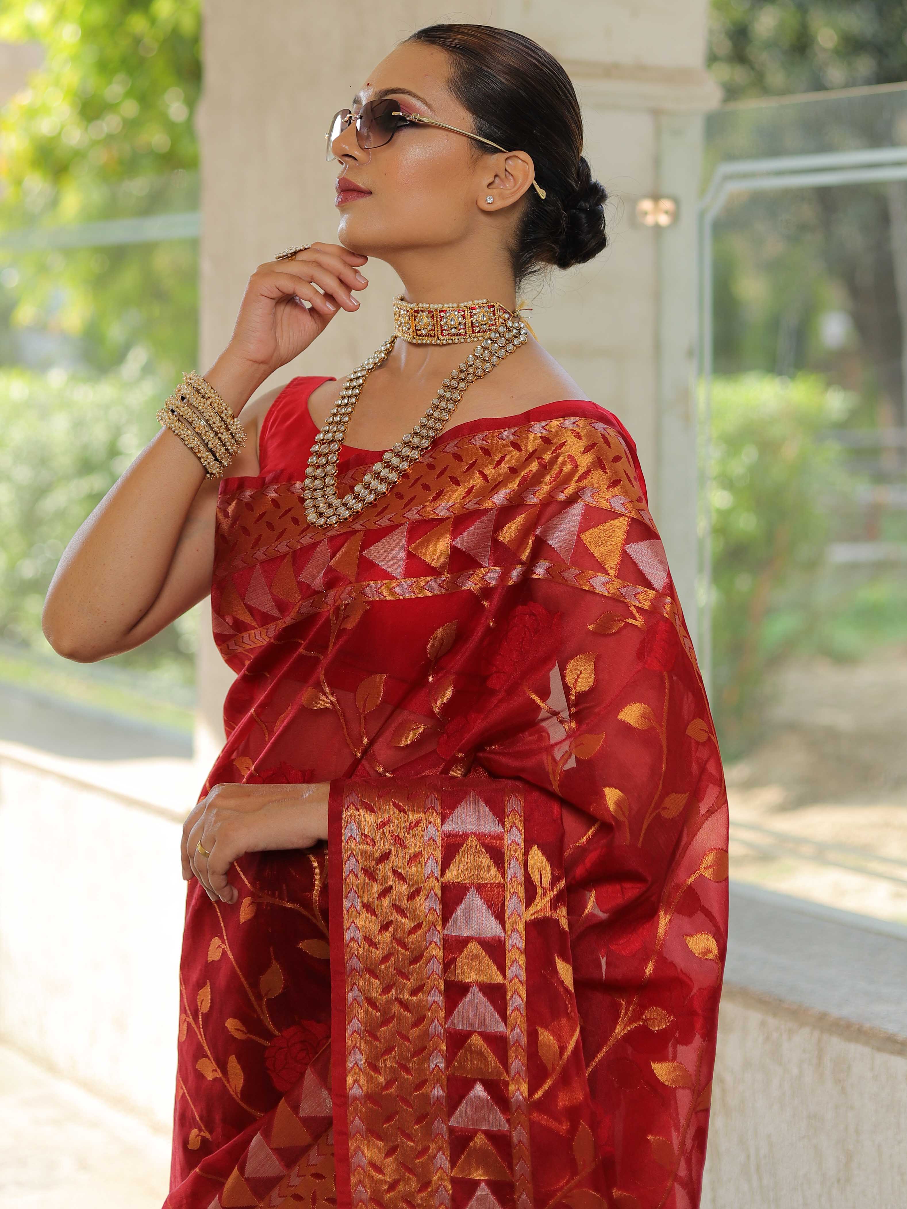 Banarasee Handwoven Zari Border Tissue Saree With Jaal Design-Red