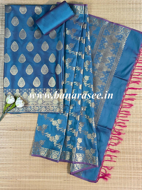 Banarasee Salwar Kameez Glossy Silk Zari Woven Fabric-Blue