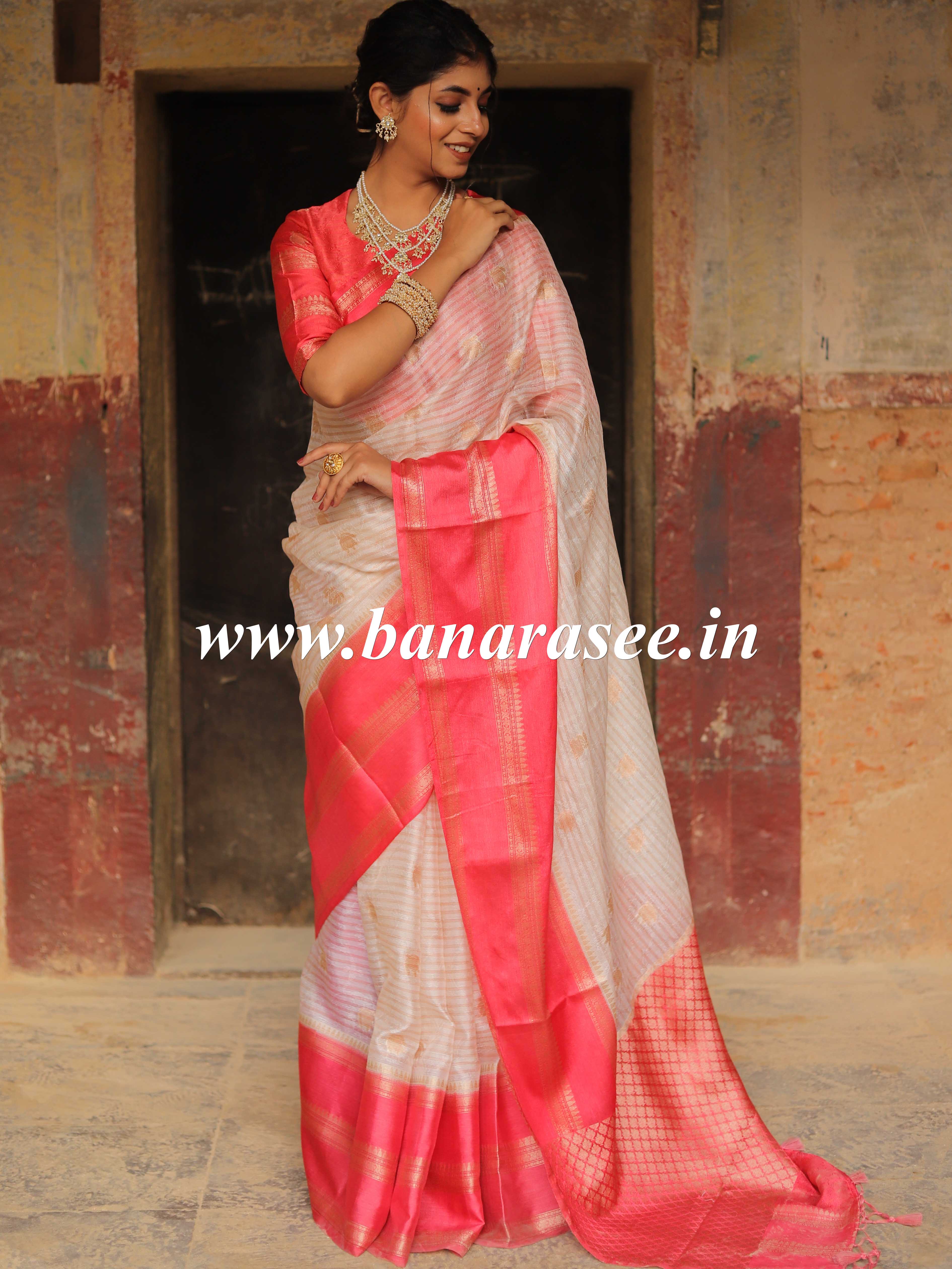 Banarasee Handwoven  Soft Semi Silk Saree With Contrast Border Design-White & Red
