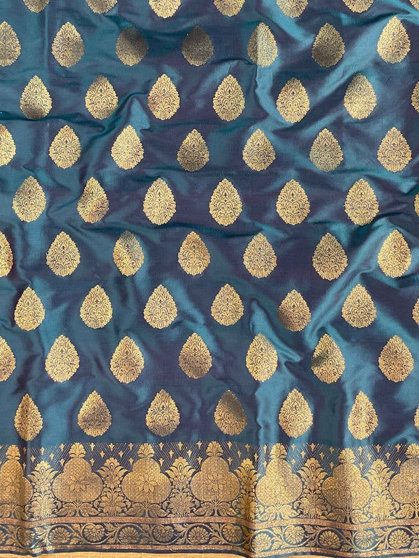 Banarasee Salwar Kameez Glossy Silk Zari Woven Fabric-Blue