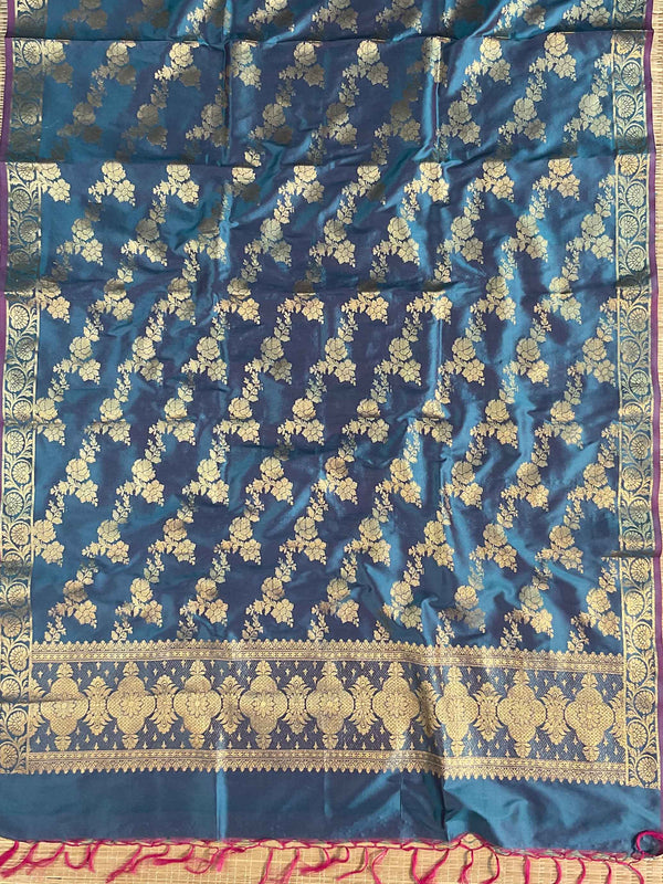 Banarasee Salwar Kameez Glossy Silk Zari Woven Fabric-Blue
