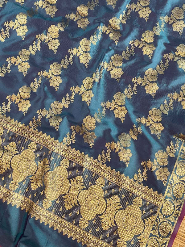 Banarasee Salwar Kameez Glossy Silk Zari Woven Fabric-Blue
