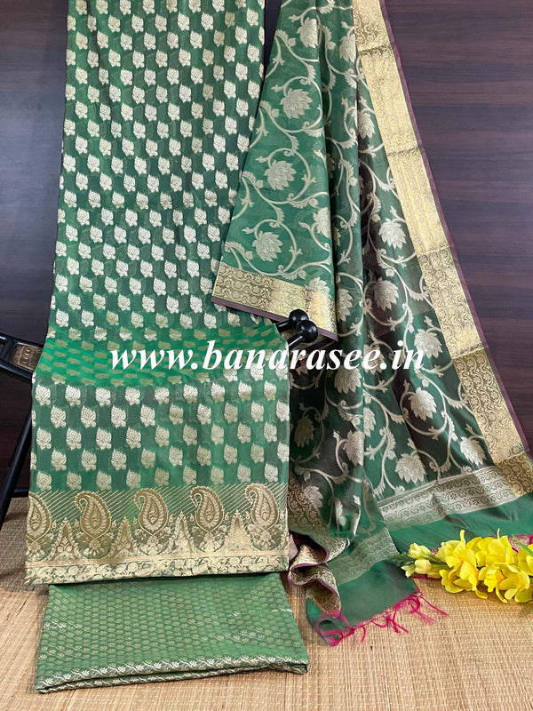 Banarasee Salwar Kameez Cotton Silk Resham & Zari Buti Woven Fabric-Green