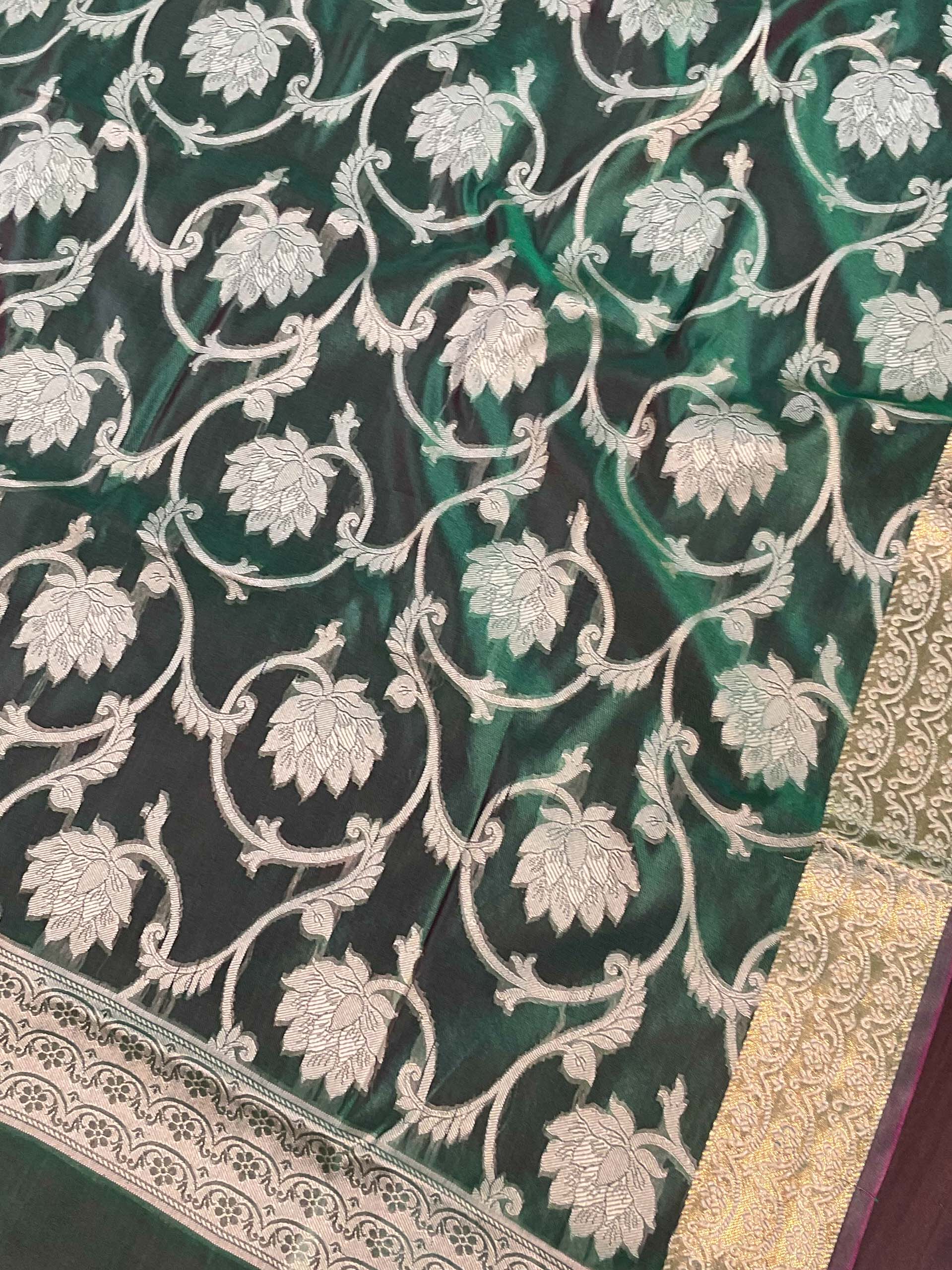 Banarasee Salwar Kameez Cotton Silk Resham & Zari Buti Woven Fabric-Green