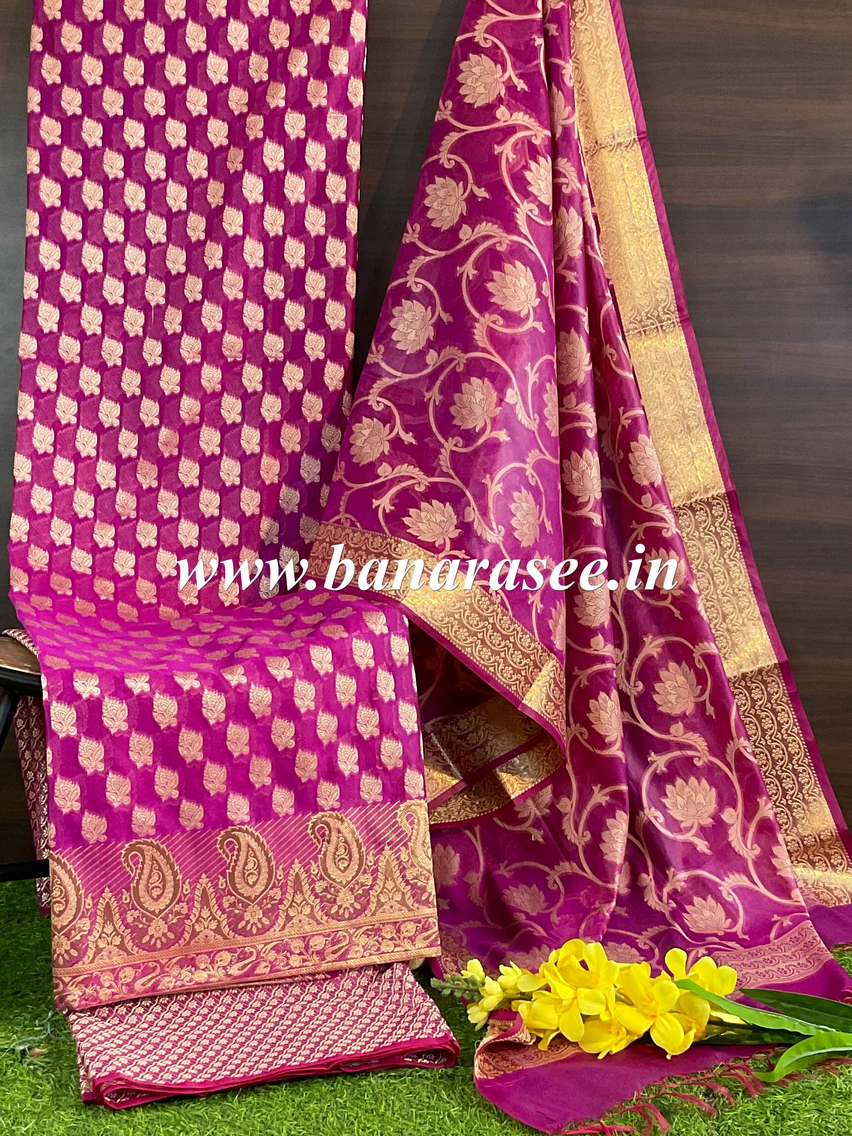 Banarasee Salwar Kameez Cotton Silk Resham & Zari Buti Woven Fabric-Pink
