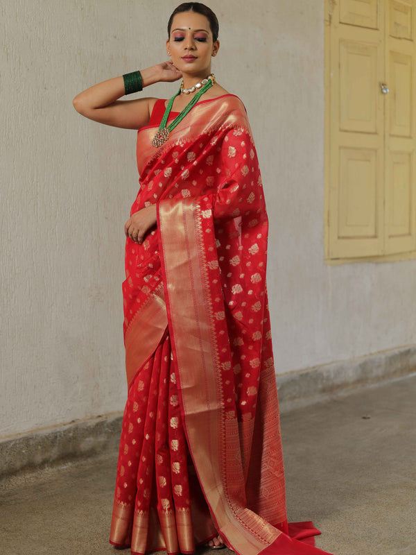 Banarasee Cotton Silk Zari Border & Buta Saree-Red