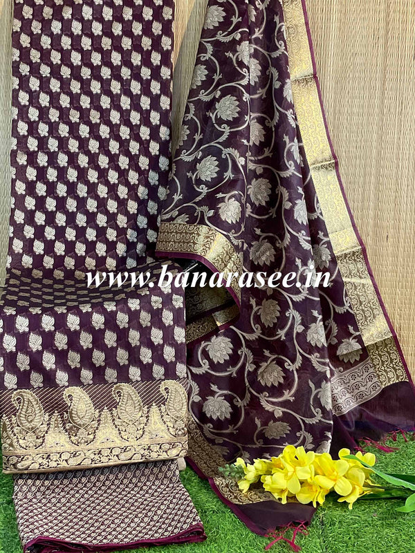 Banarasee Salwar Kameez Cotton Silk Resham & Zari Buti Woven Fabric-Brown