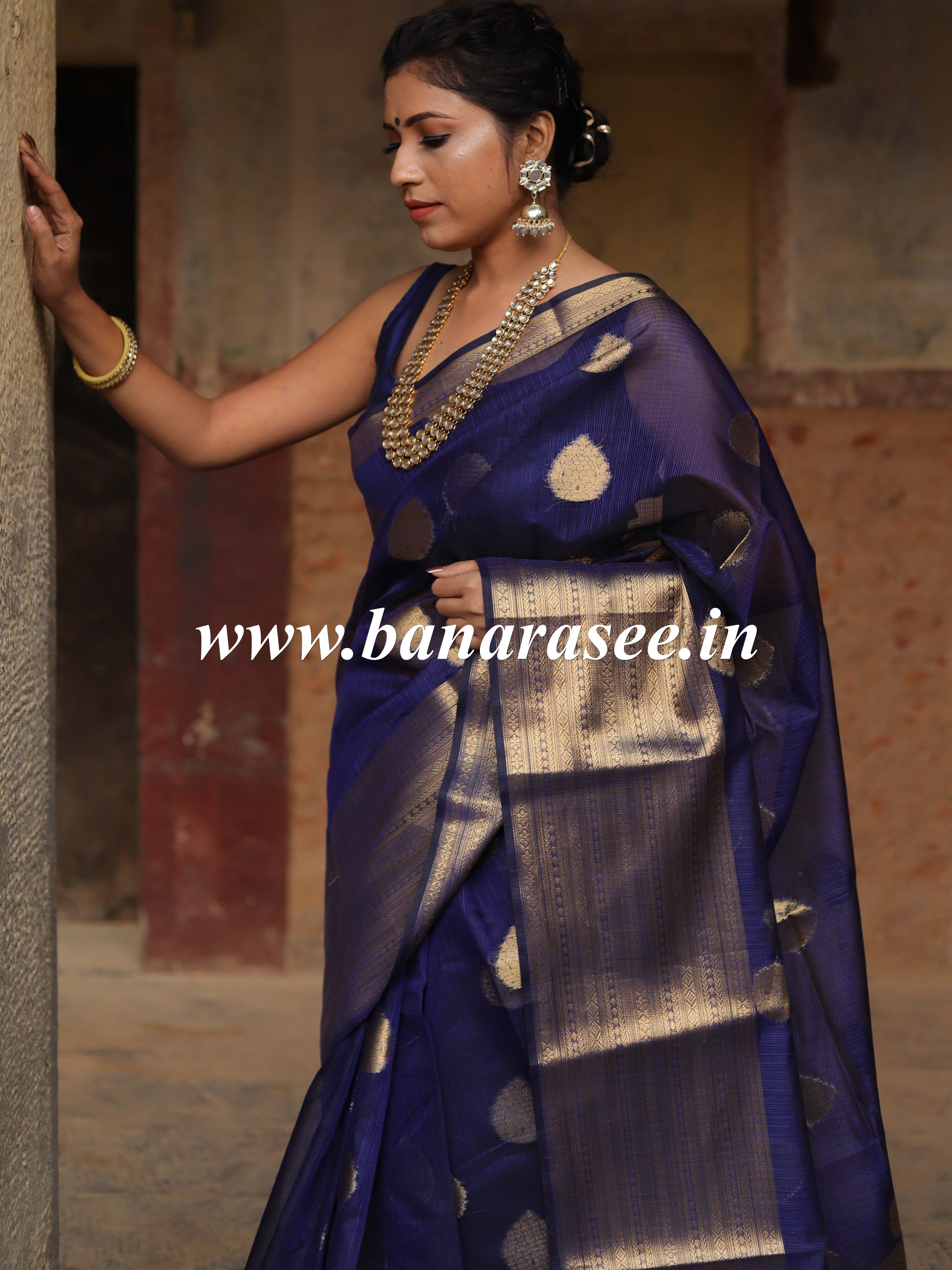 Banarasee Cotton Silk  Saree With Antique Zari Buta & Border-Deep Blue