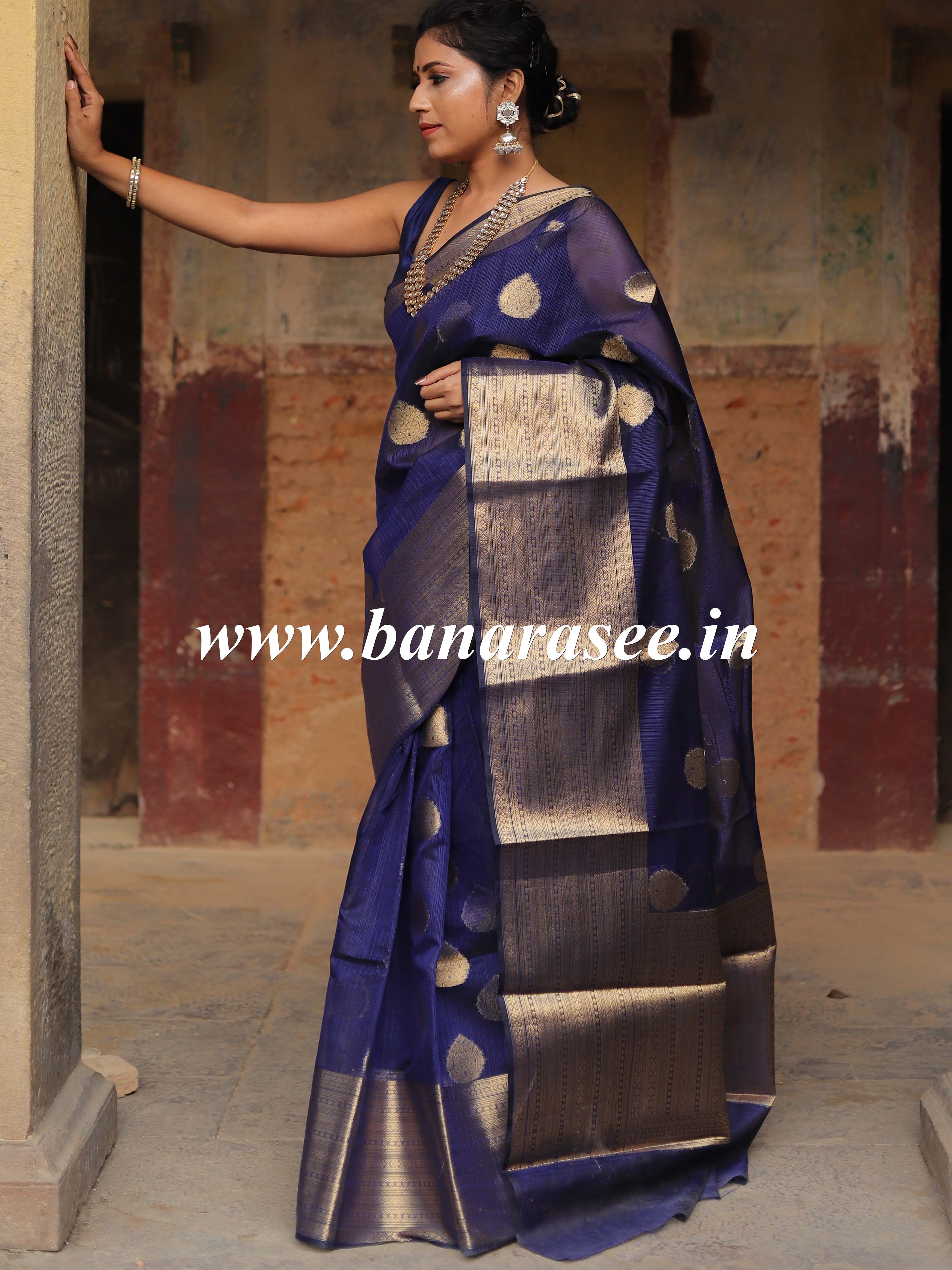 Banarasee Cotton Silk  Saree With Antique Zari Buta & Border-Deep Blue