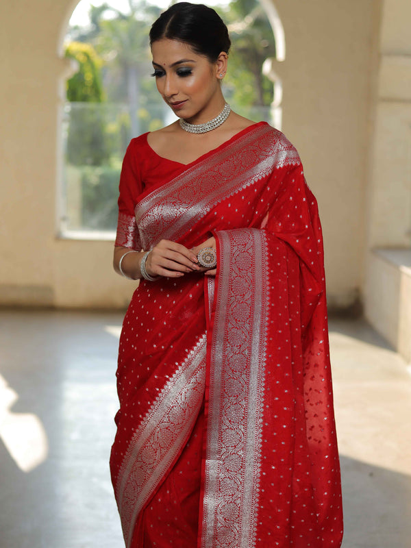 Banarasee Handwoven Faux Georgette Saree With Silver Zari Buti Design-Red