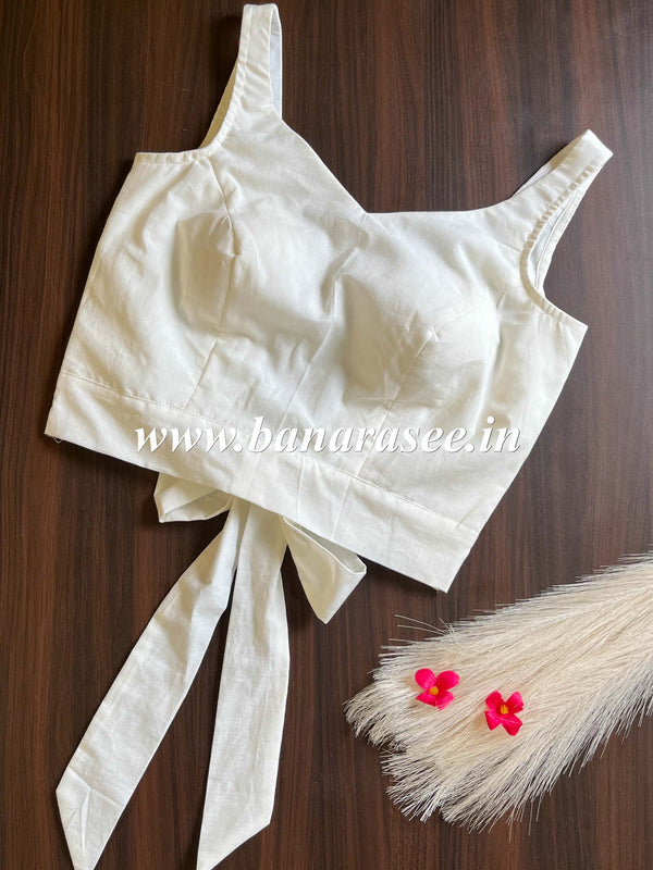 Pure Cotton Sleeveless Blouse With Bow-White