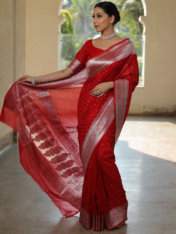 Banarasee Handwoven Faux Georgette Saree With Silver Zari Buti Design-Red