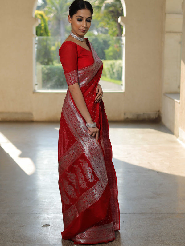 Banarasee Handwoven Faux Georgette Saree With Silver Zari Buti Design-Red