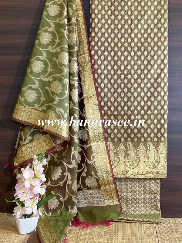 Banarasee Salwar Kameez Cotton Silk Resham & Zari Buti Woven Fabric-Olive Green