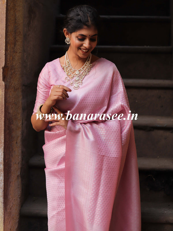 Banarasee Kubera Pattu Soft Silk Saree With Silver Zari Work-Pink