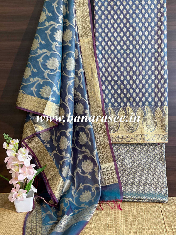 Banarasee Salwar Kameez Cotton Silk Resham & Zari Buti Woven Fabric-Blue