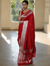 Banarasee Handwoven Faux Georgette Saree With Silver Zari Buti Design-Red