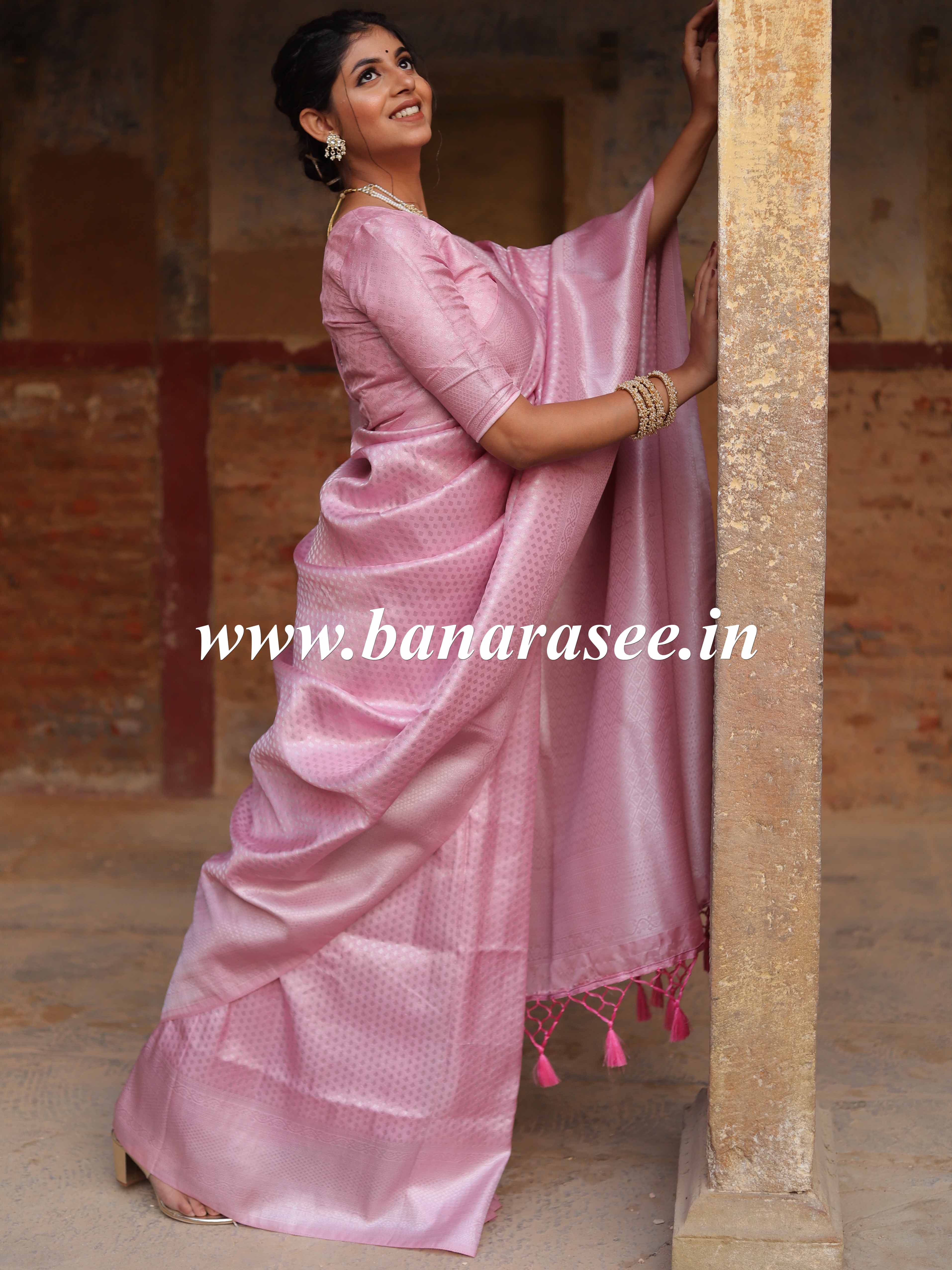 Banarasee Kubera Pattu Soft Silk Saree With Silver Zari Work-Pink