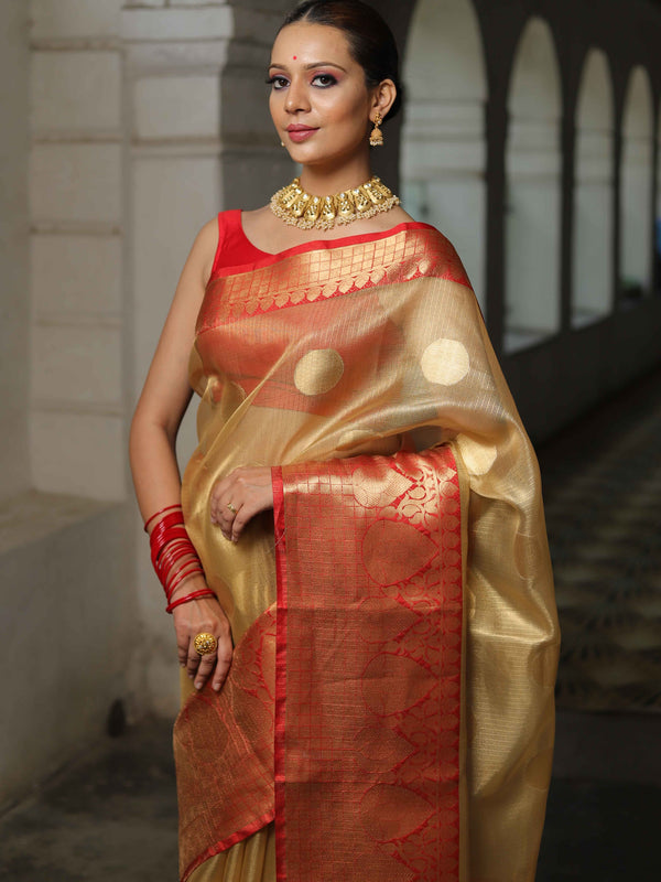 Banarasee Contrast Border Big Buta Tissue Saree-Gold & Red