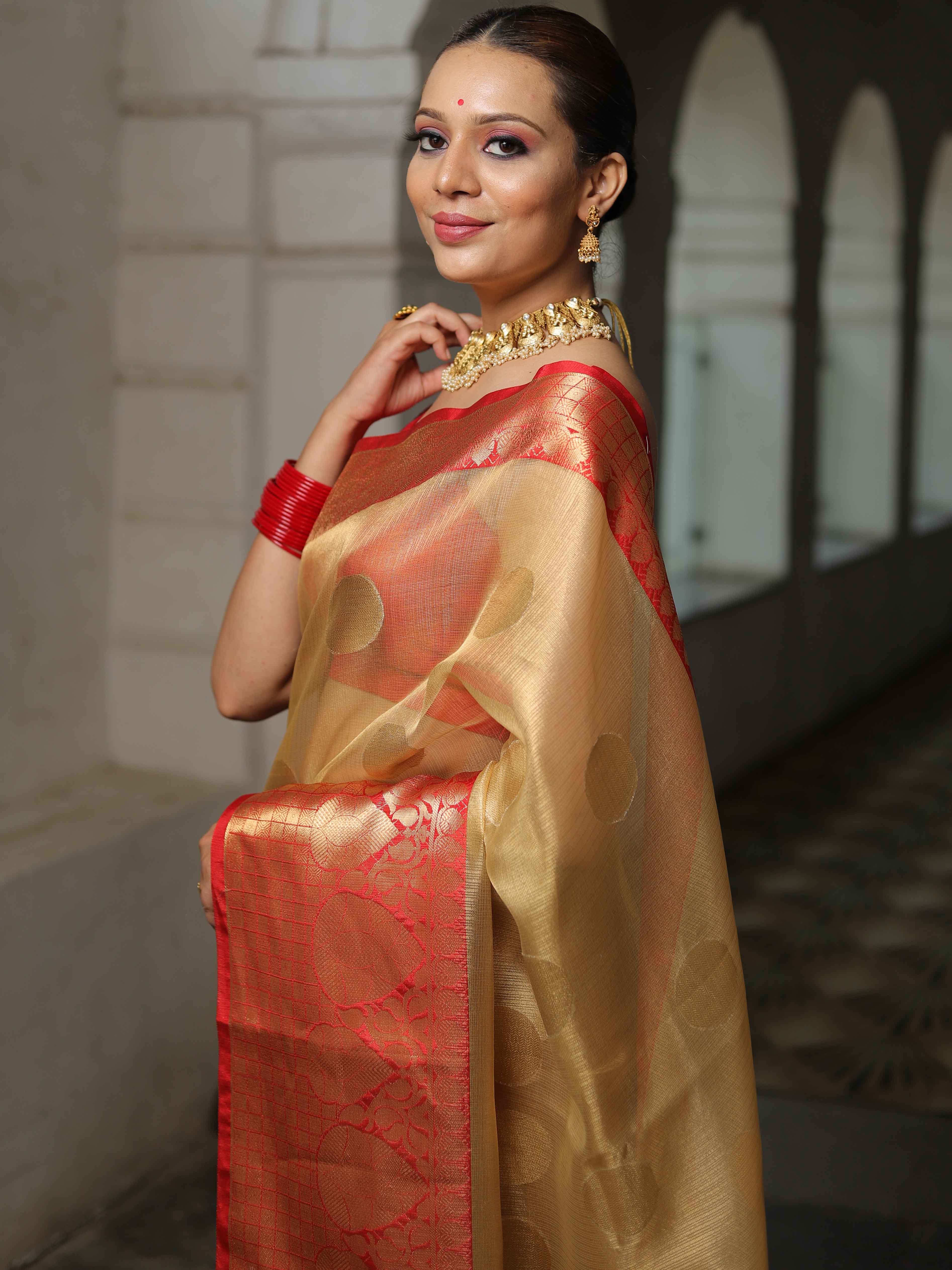 Banarasee Contrast Border Big Buta Tissue Saree-Gold & Red