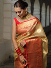 Banarasee Contrast Border Big Buta Tissue Saree-Gold & Red