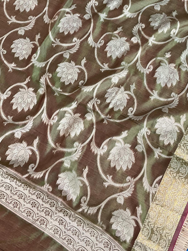 Banarasee Salwar Kameez Cotton Silk Resham & Zari Buti Woven Fabric-Olive Green