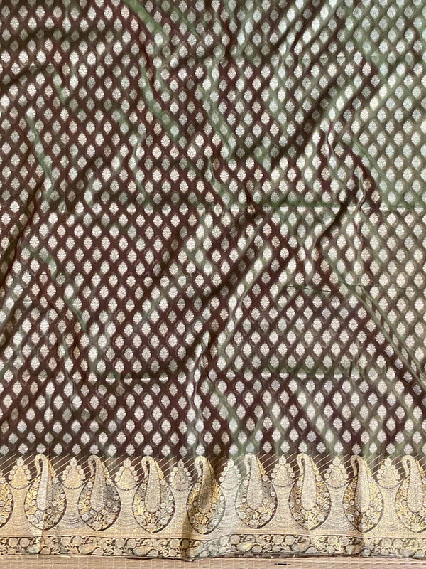 Banarasee Salwar Kameez Cotton Silk Resham & Zari Buti Woven Fabric-Olive Green
