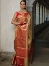 Banarasee Contrast Border Big Buta Tissue Saree-Gold & Red