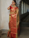 Banarasee Contrast Border Big Buta Tissue Saree-Gold & Red