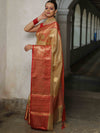 Banarasee Contrast Border Big Buta Tissue Saree-Gold & Red