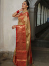 Banarasee Contrast Border Big Buta Tissue Saree-Gold & Red