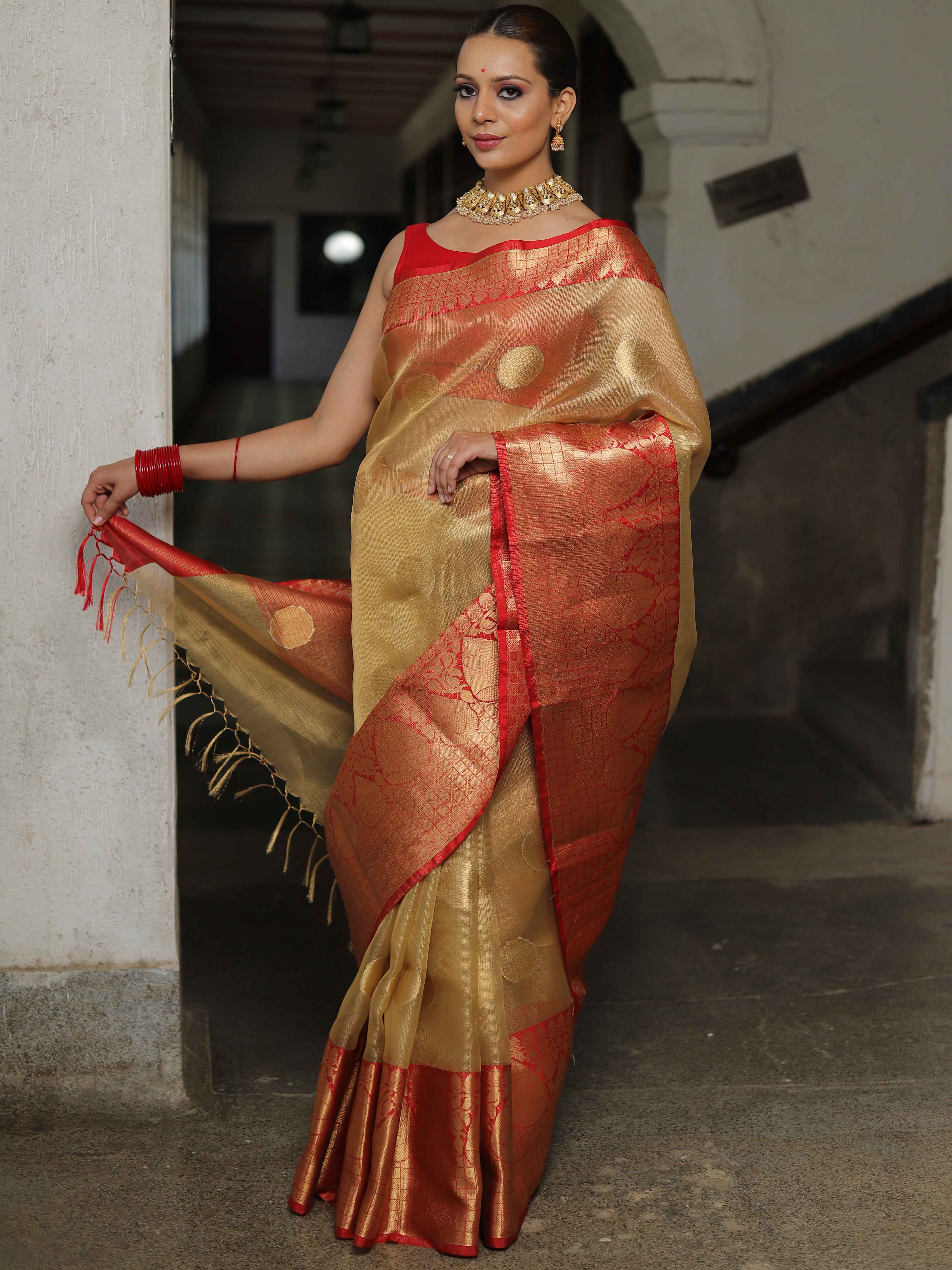 Banarasee Contrast Border Big Buta Tissue Saree-Gold & Red