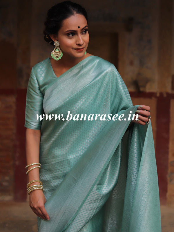 Banarasee Kubera Pattu Soft Silk Saree With Silver Zari Work- Pastel Green