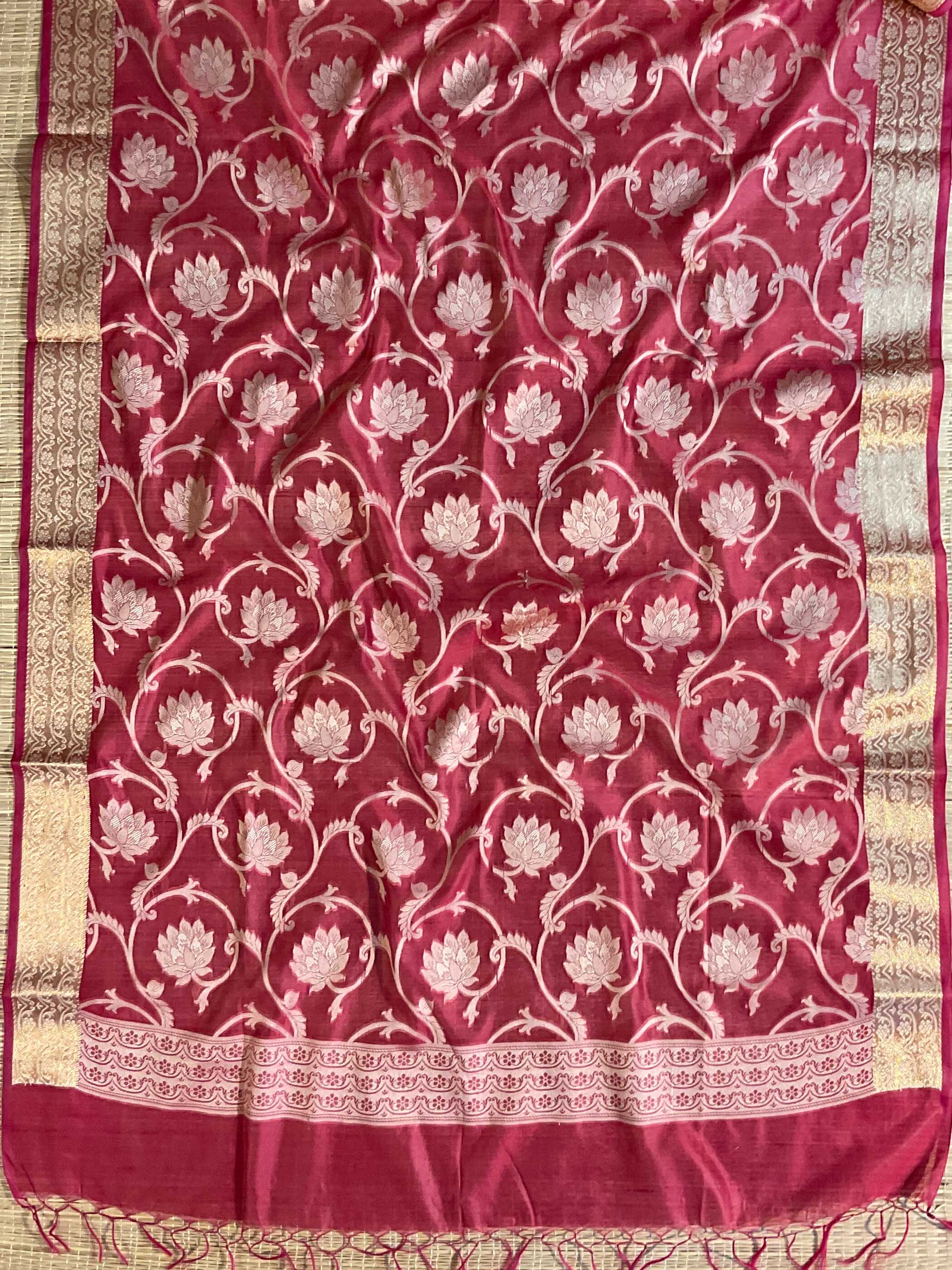 Banarasee Salwar Kameez Cotton Silk Resham & Zari Buti Woven Fabric-Red (Pink Tone)