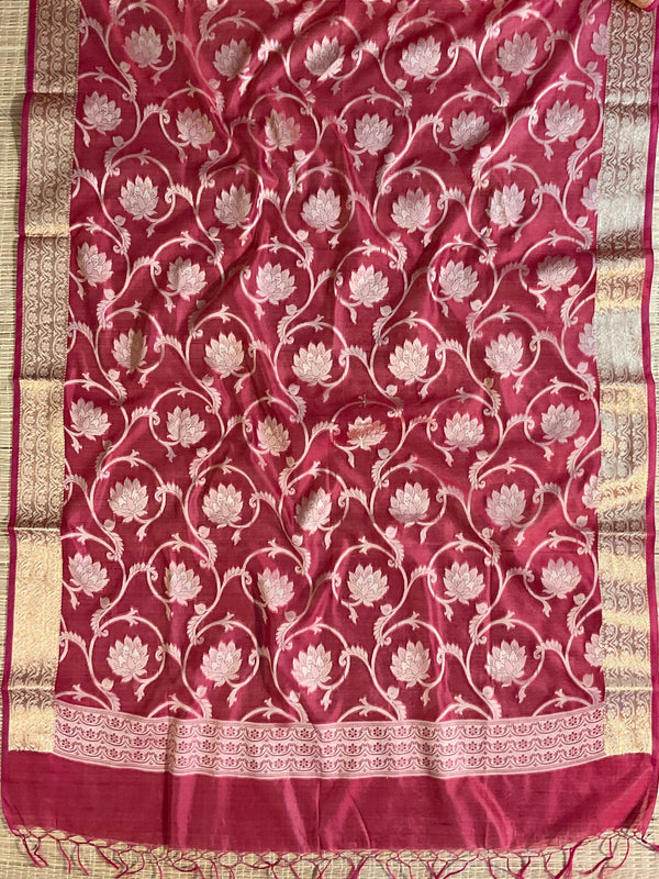 Banarasee Salwar Kameez Cotton Silk Resham & Zari Buti Woven Fabric-Red (Pink Tone)