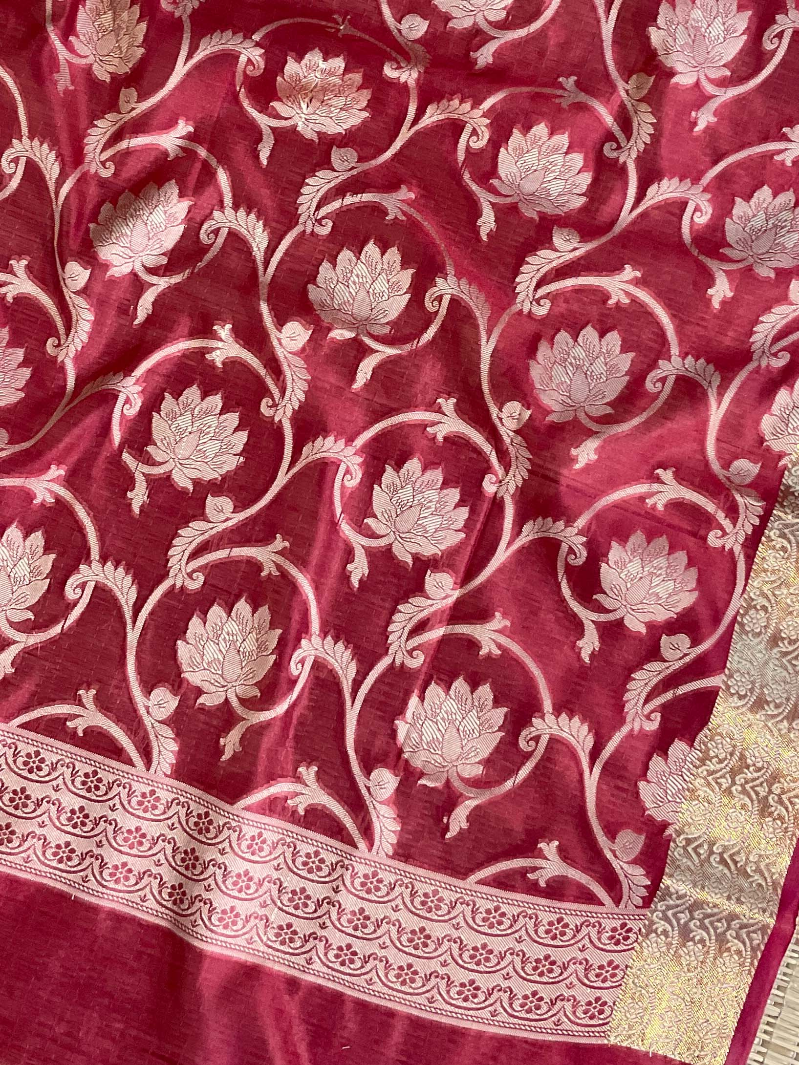 Banarasee Salwar Kameez Cotton Silk Resham & Zari Buti Woven Fabric-Red (Pink Tone)