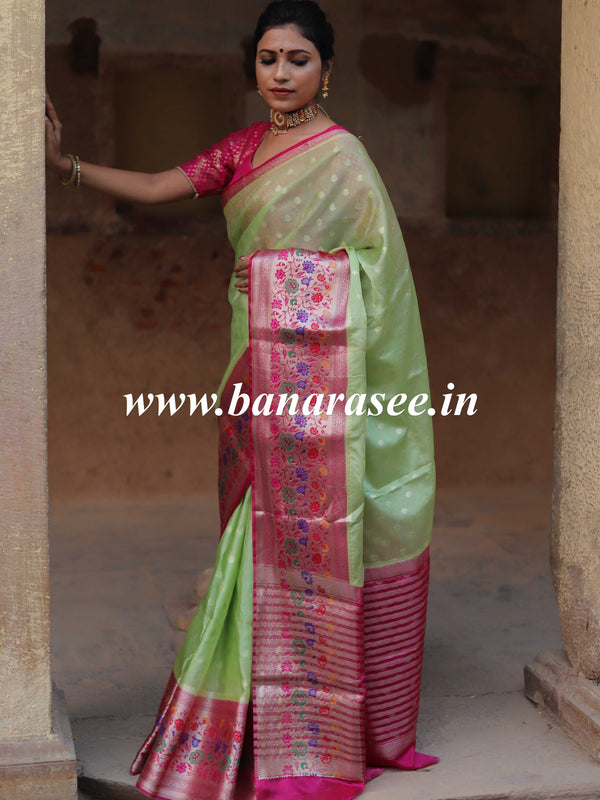 Banarasee Handwoven Semi Silk Saree With Meena Border Design-Mint Green