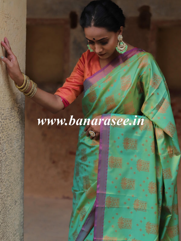 Banarasee Handwoven Soft Semi Silk Saree With Buta Design-Green(Dual Shade)