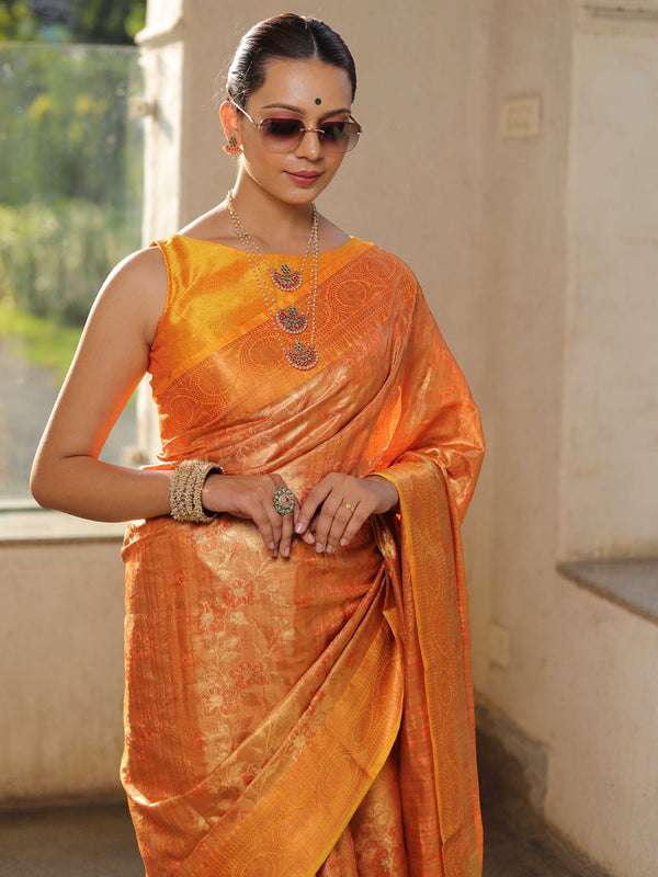 Banarasee Handwoven Semi Silk Saree With Zari Jaal Design-Yellow