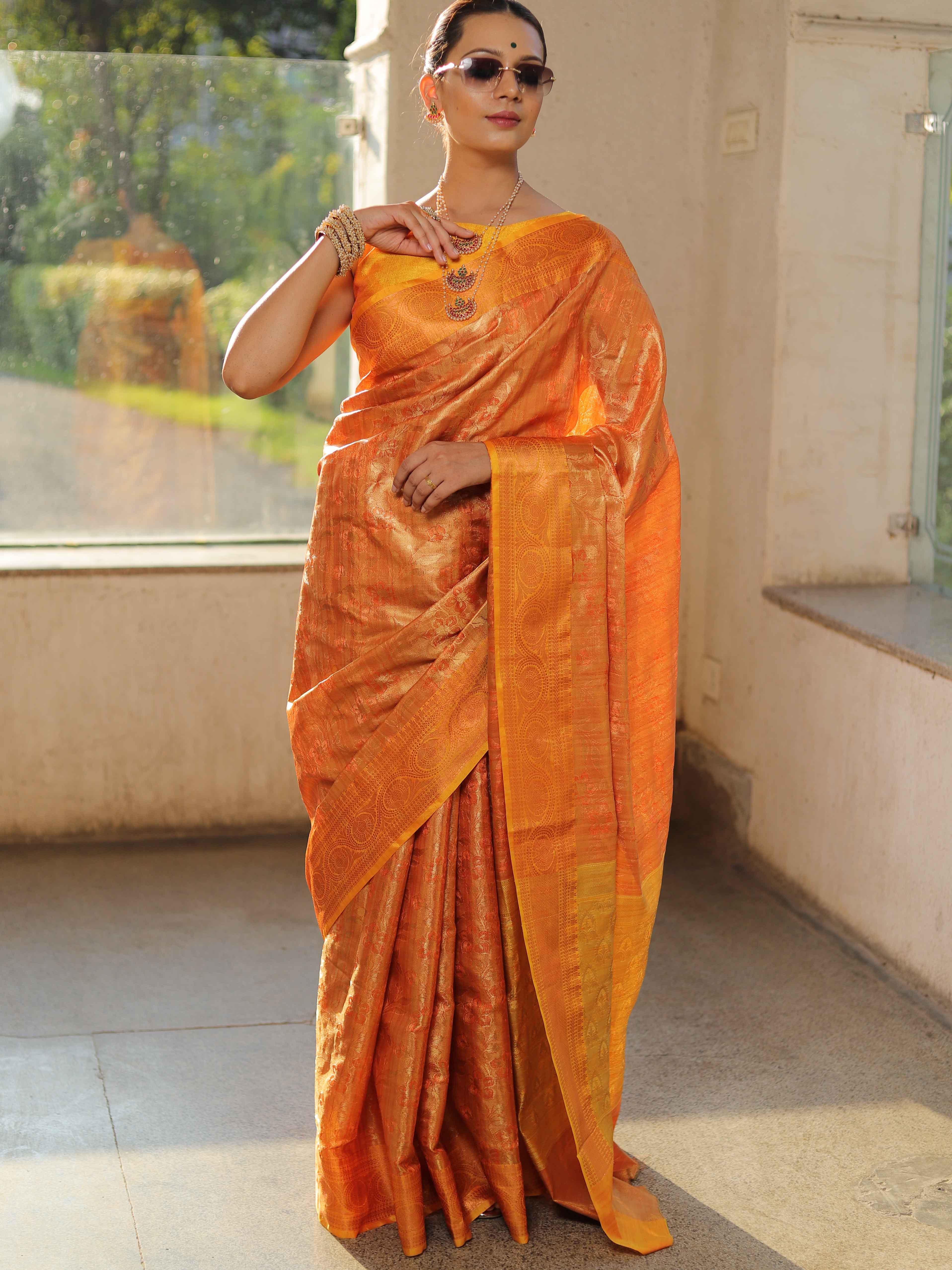 Banarasee Handwoven Semi Silk Saree With Zari Jaal Design-Yellow