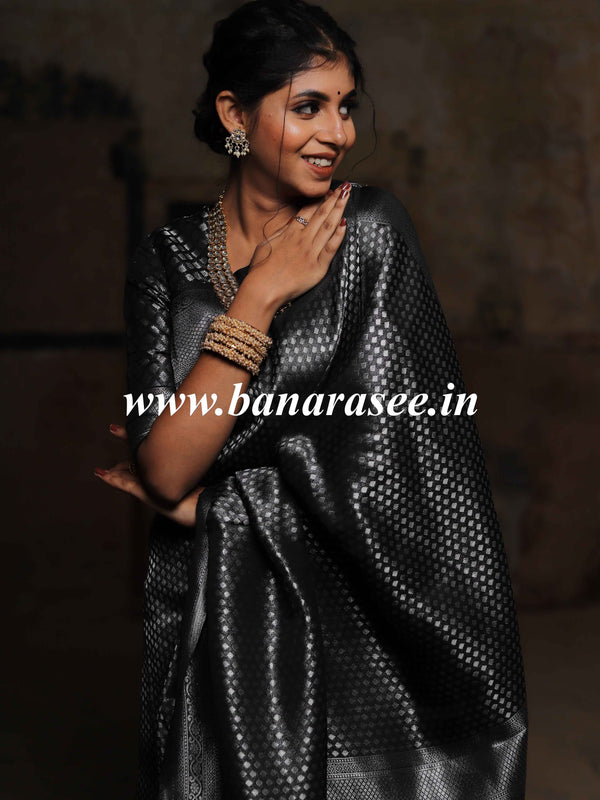 Banarasee Kubera Pattu Soft Silk Saree With Silver Zari Work-Black