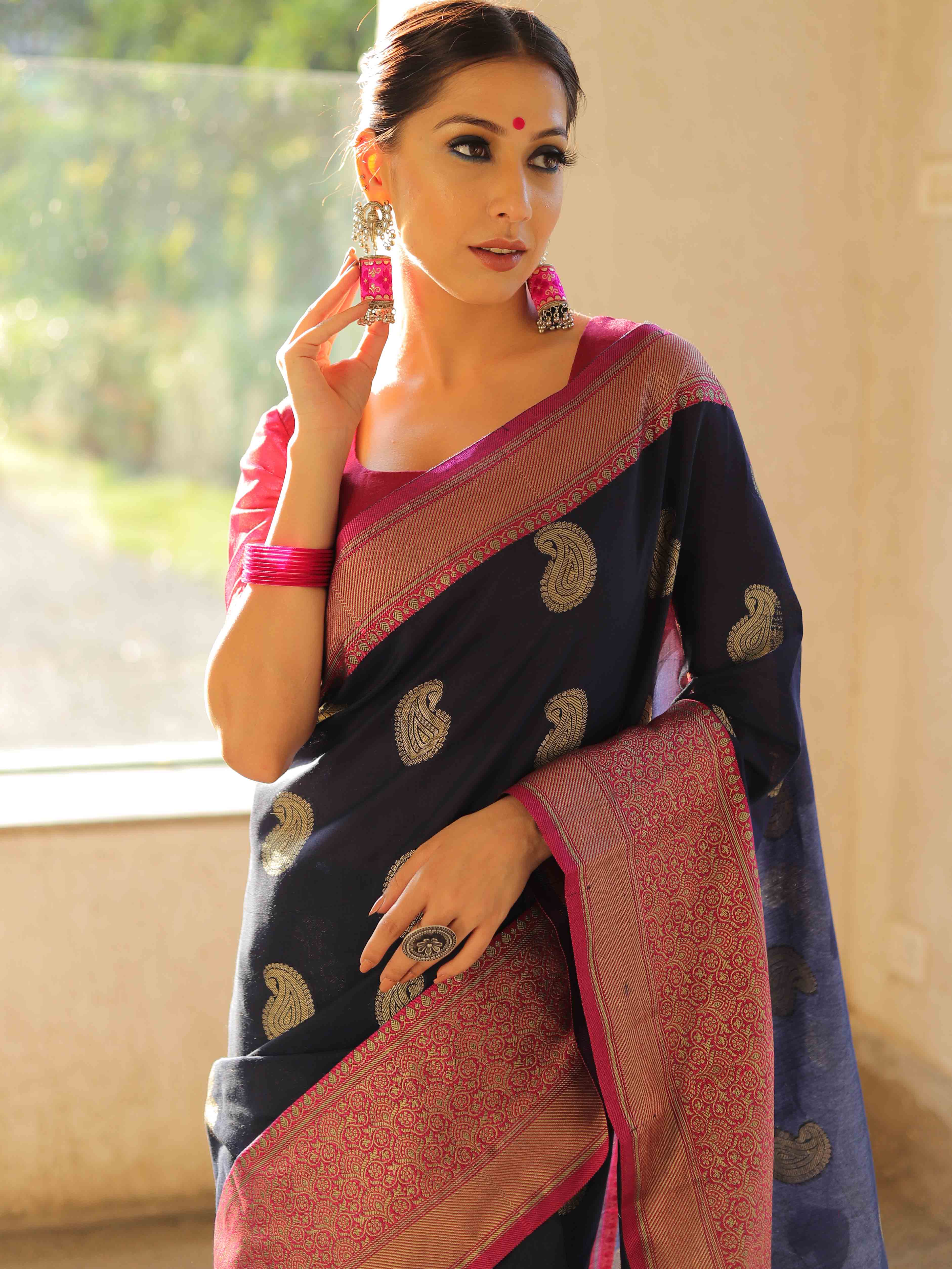 Banarasee Cotton Silk Mix Saree With Zari Paisley Buta-Blue & Pink