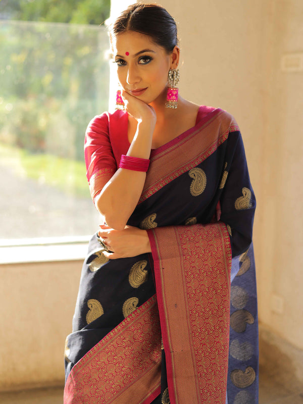 Banarasee Cotton Silk Mix Saree With Zari Paisley Buta-Blue & Pink
