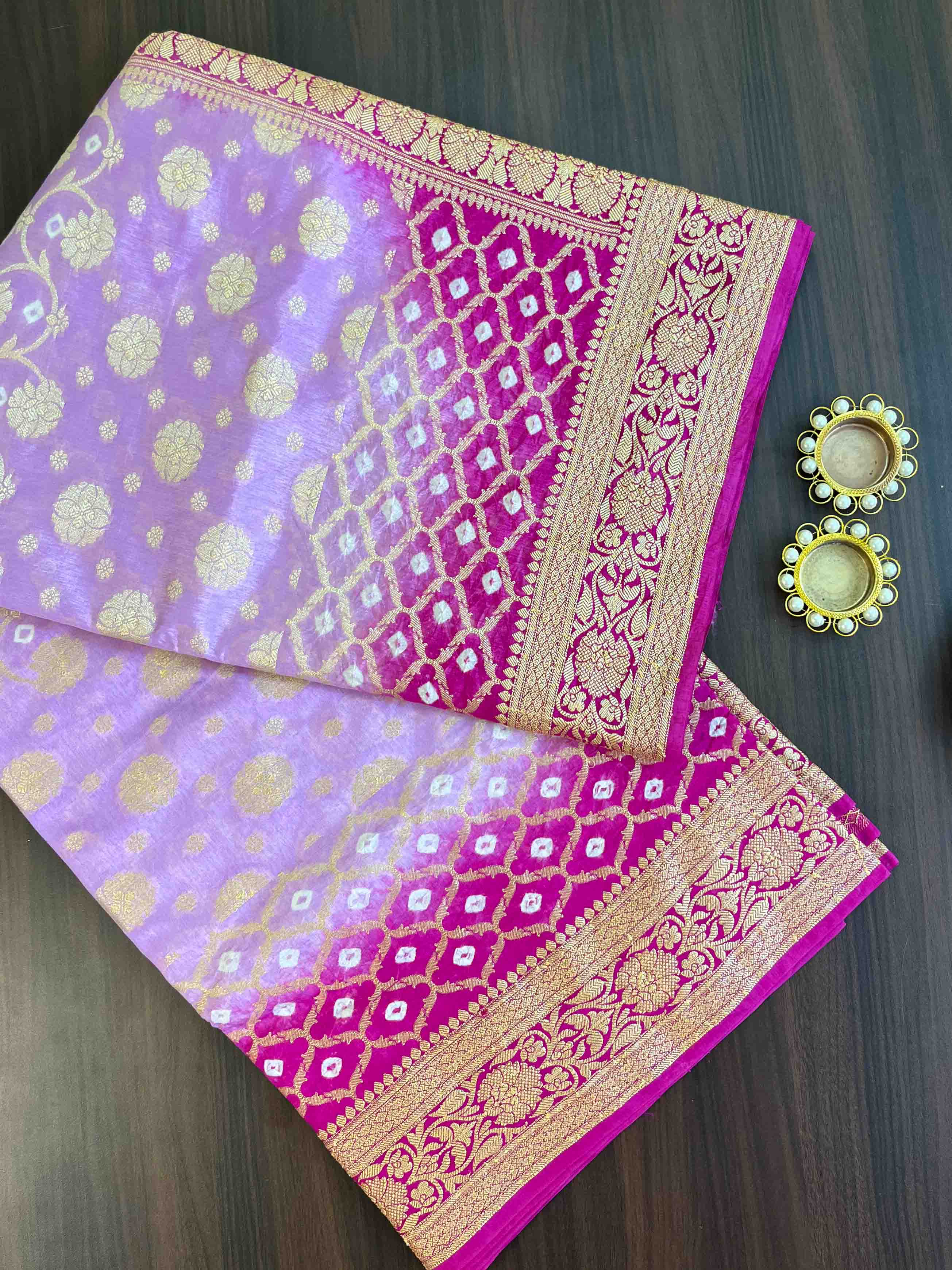 Banarasee Handwoven Semi Silk Bandhej Saree With Broad Zari Floral Border-Pink & Magenta