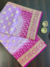 Banarasee Handwoven Semi Silk Bandhej Saree With Broad Zari Floral Border-Pink & Magenta