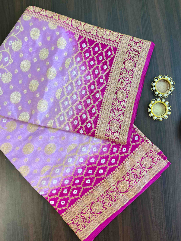 Banarasee Handwoven Semi Silk Bandhej Saree With Broad Zari Floral Border-Pink & Magenta