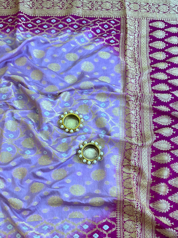 Banarasee Handwoven Semi Silk Bandhej Saree With Broad Zari Floral Border-Pink & Magenta