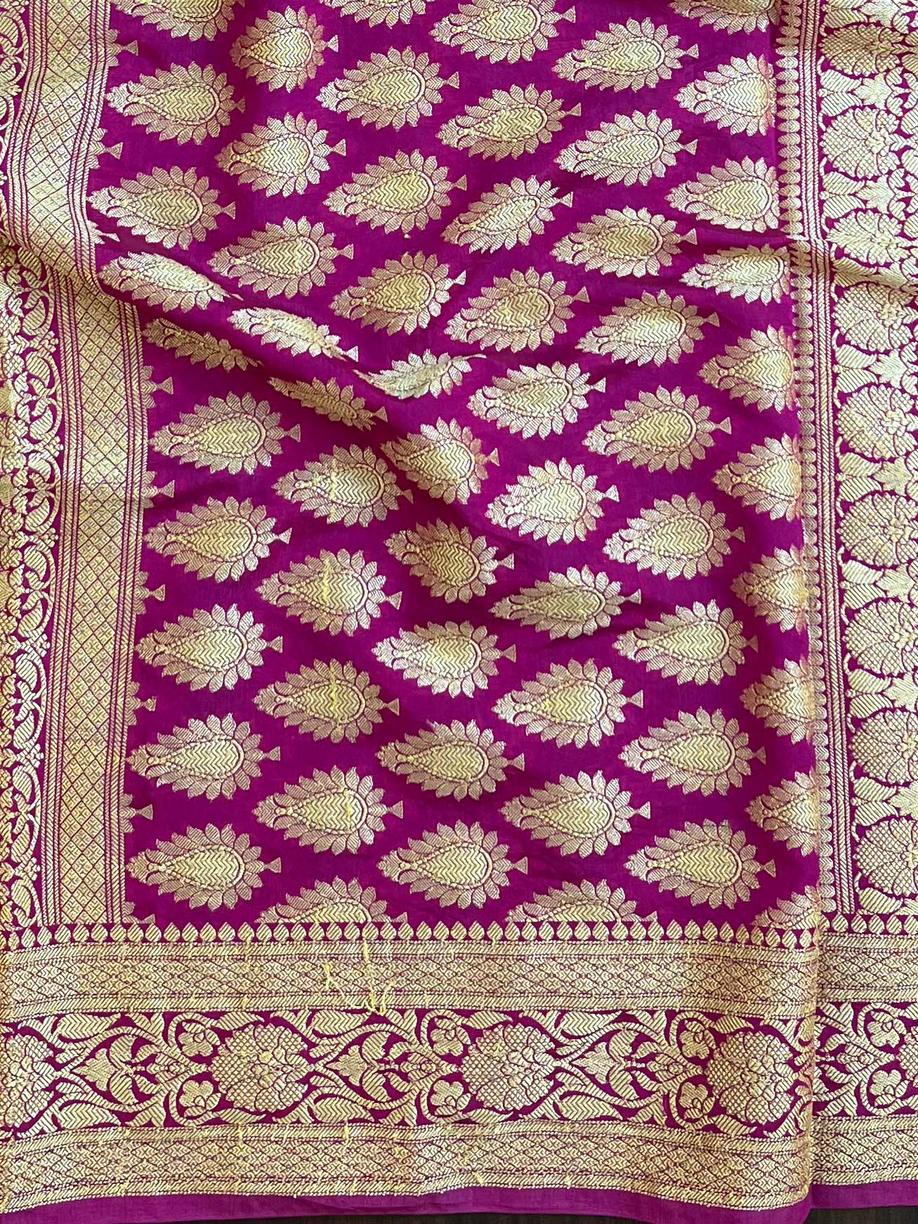Banarasee Handwoven Semi Silk Bandhej Saree With Broad Zari Floral Border-Pink & Magenta